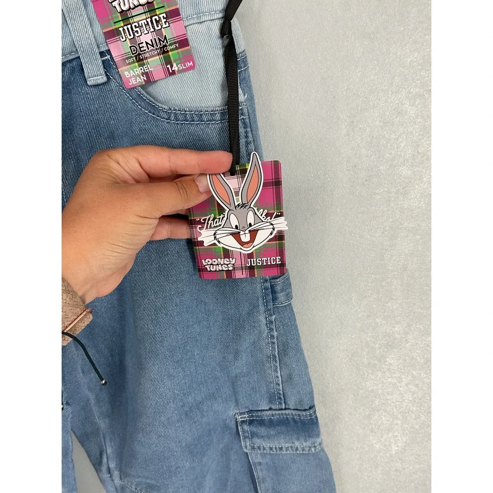 Justice Girls Looney Tunes Cargo Barrel Jean Light Wash Bugs Bunny 14 Slim